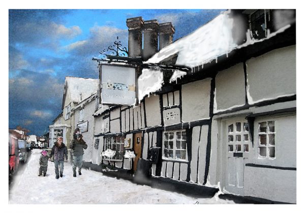 Christmas card view of The Thatch by Gerald Bright